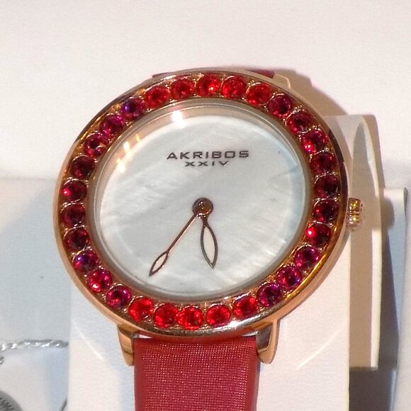 New $295 Tag Akribos XXIV Watch Swarovski Crystal Bezel, MOP Dial AK1093 Red - Picture 2 of 13